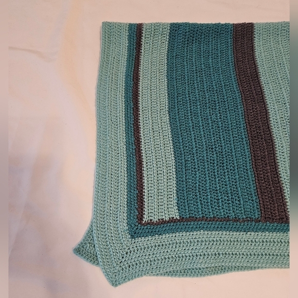 Handmade Upcycled Baby Blanket Blue Brown Striped Hand knit Crochet Nursery Gift - Picture 5 of 16